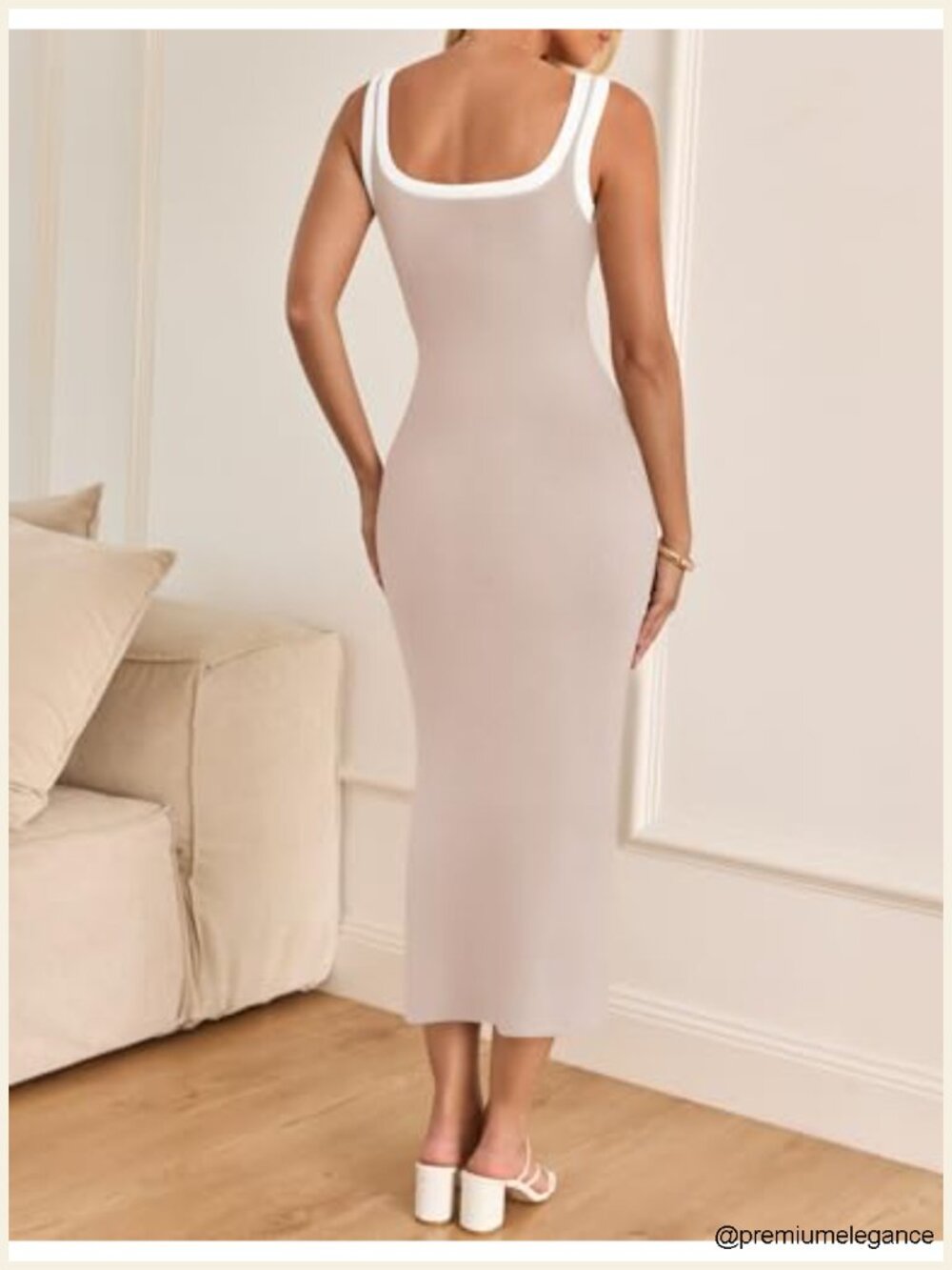 Sleeveless Square Neck Bodycon Midi Dress with Side Slit Knit Beach Vacation - Picture 5 of 6